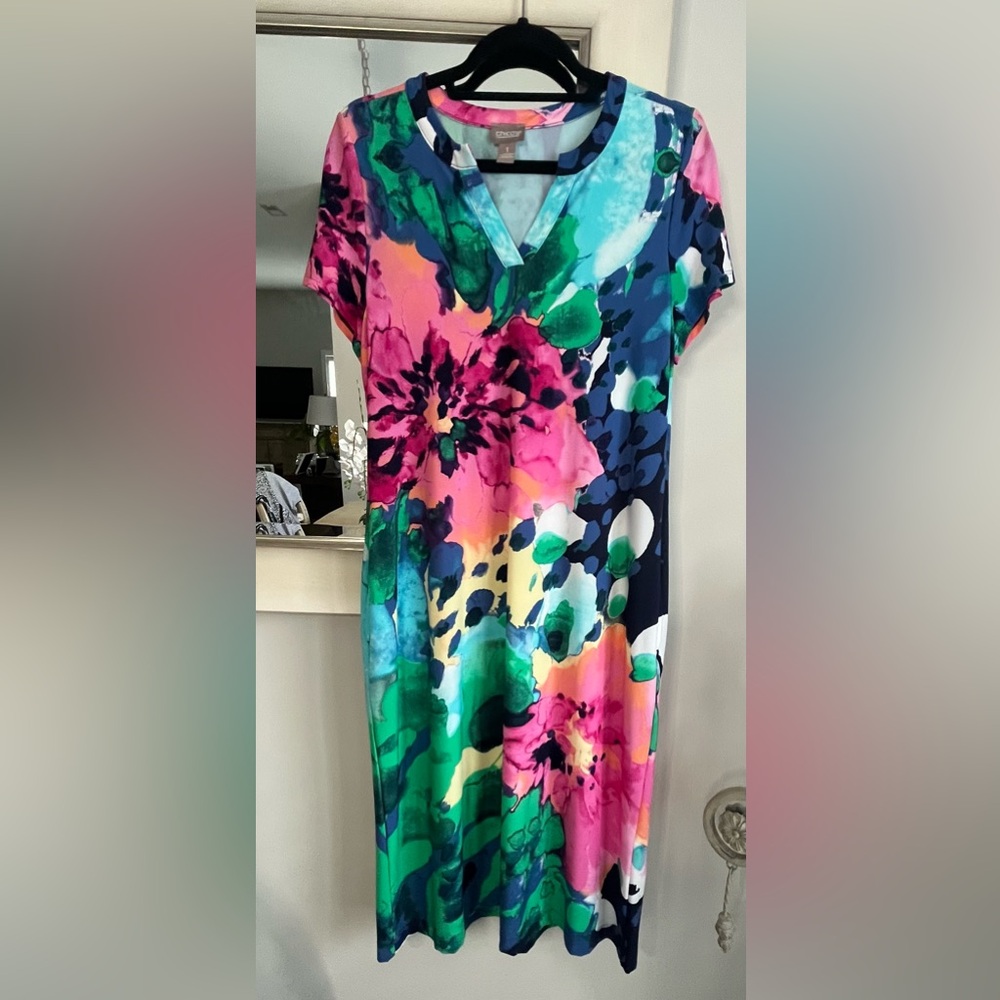Chico's Bold Floral V-Neck Maxi Dress in Pink, Green & Blue - Picture 2 of 12